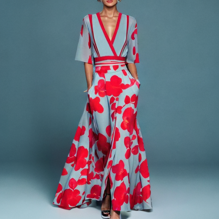 Ayana | Elegant V-Neck Floral Print Maxi Dress With Flutter Sleeves