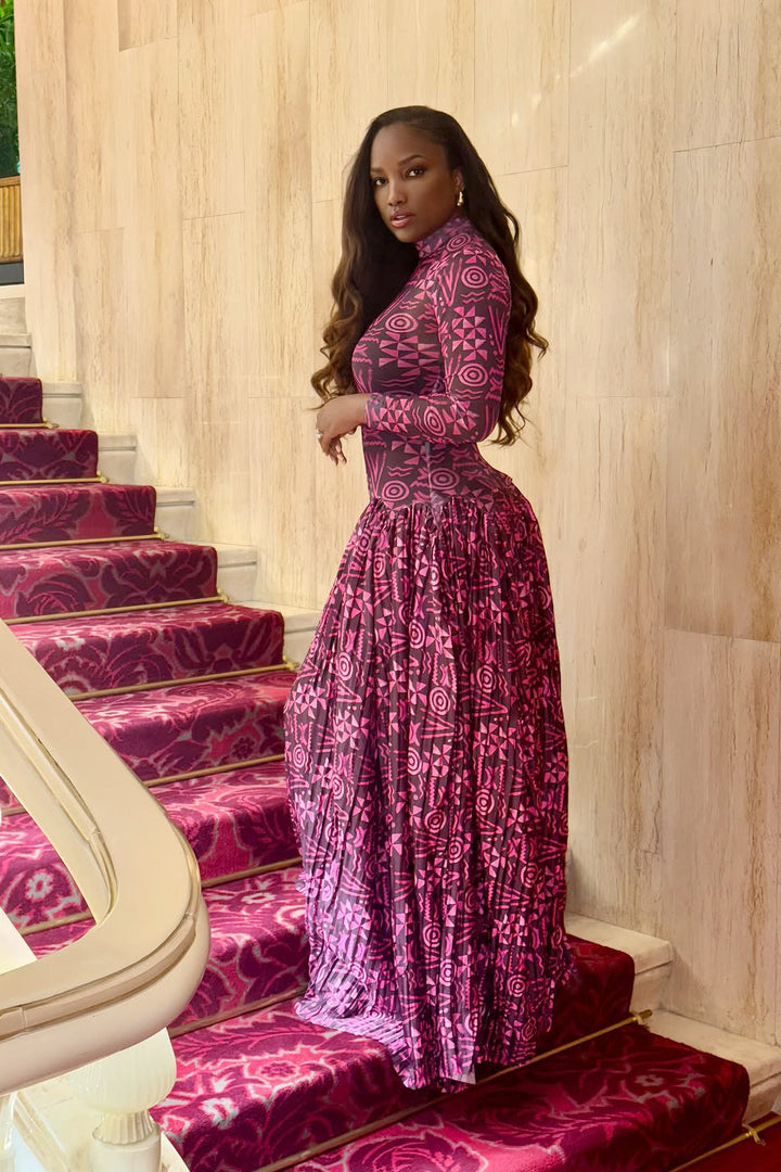 Georgette | Elegant High Neck Geometric Print Maxi Dress