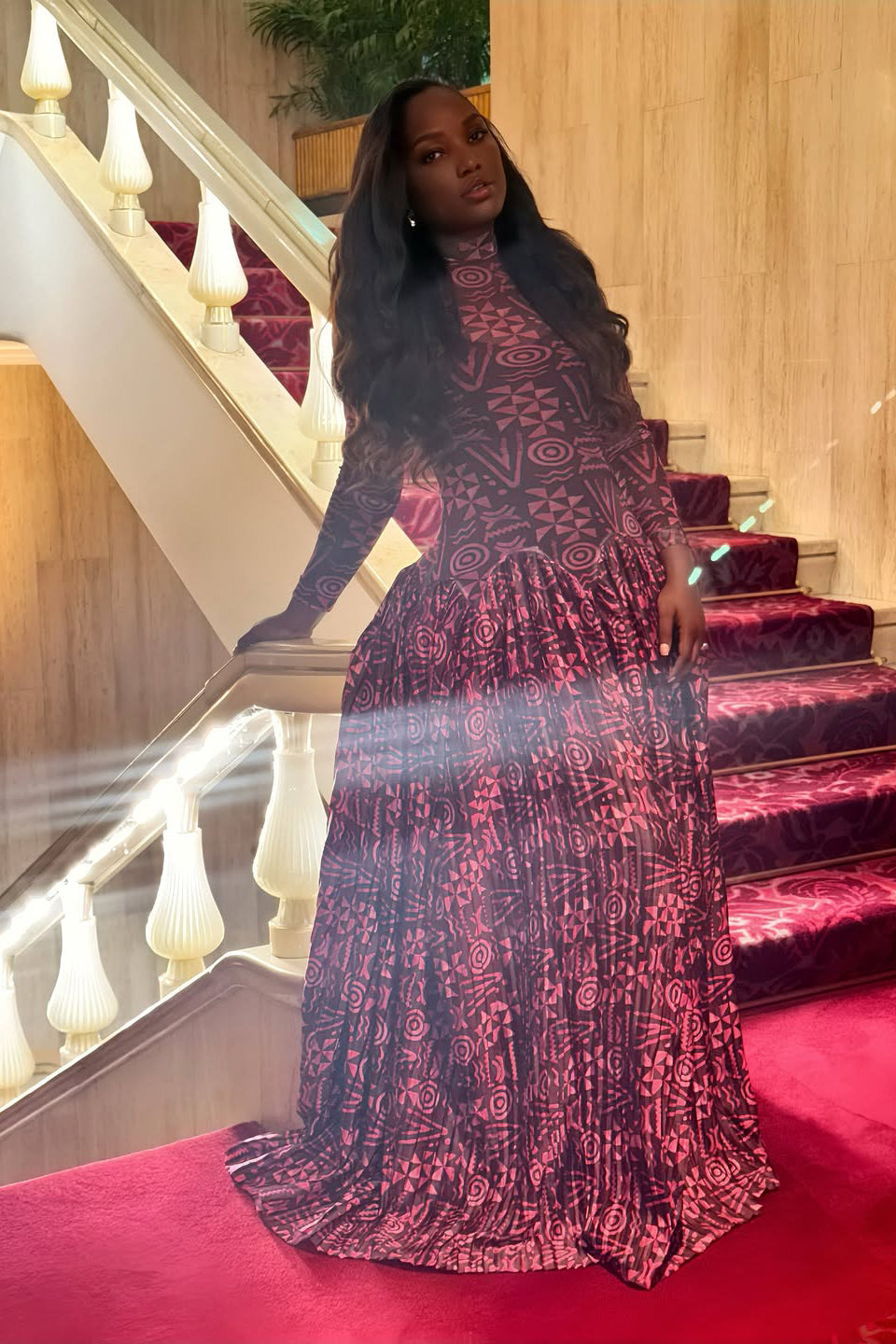 Georgette | Elegant High Neck Geometric Print Maxi Dress