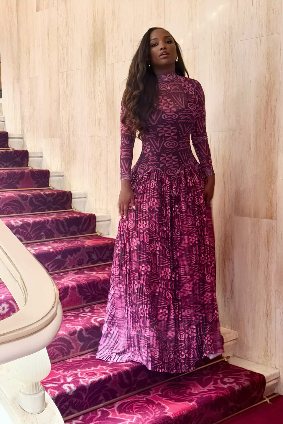 Georgette | Elegant High Neck Geometric Print Maxi Dress