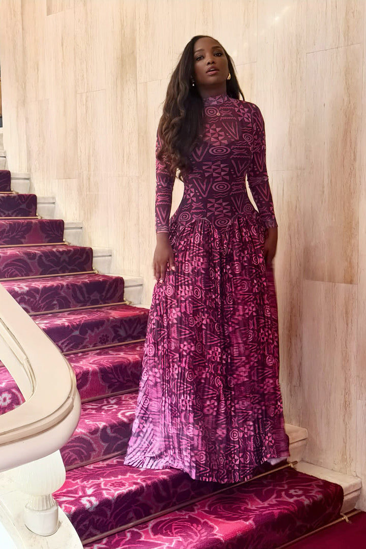 Georgette | Elegant High Neck Geometric Print Maxi Dress
