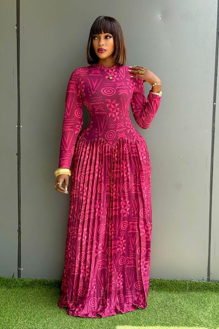 Georgette | Elegant High Neck Geometric Print Maxi Dress