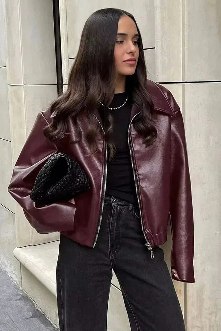 Cordelia | Chic Burgundy Leather Biker Jacket With Zip Front