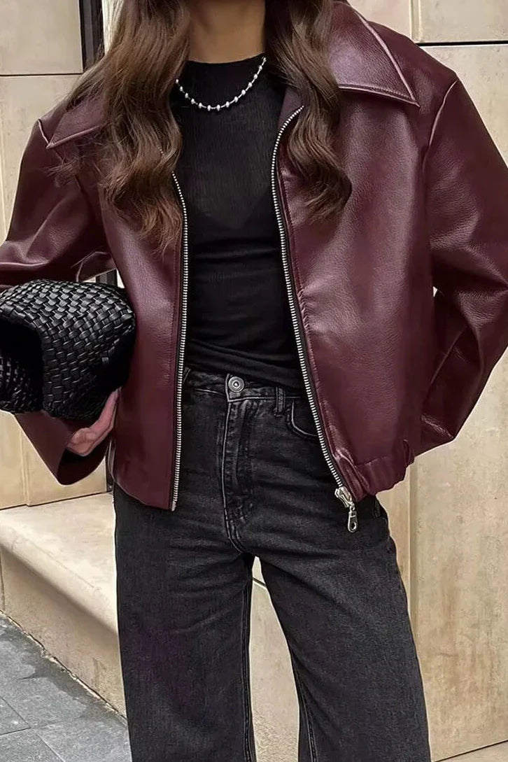 Cordelia | Chic Burgundy Leather Biker Jacket With Zip Front