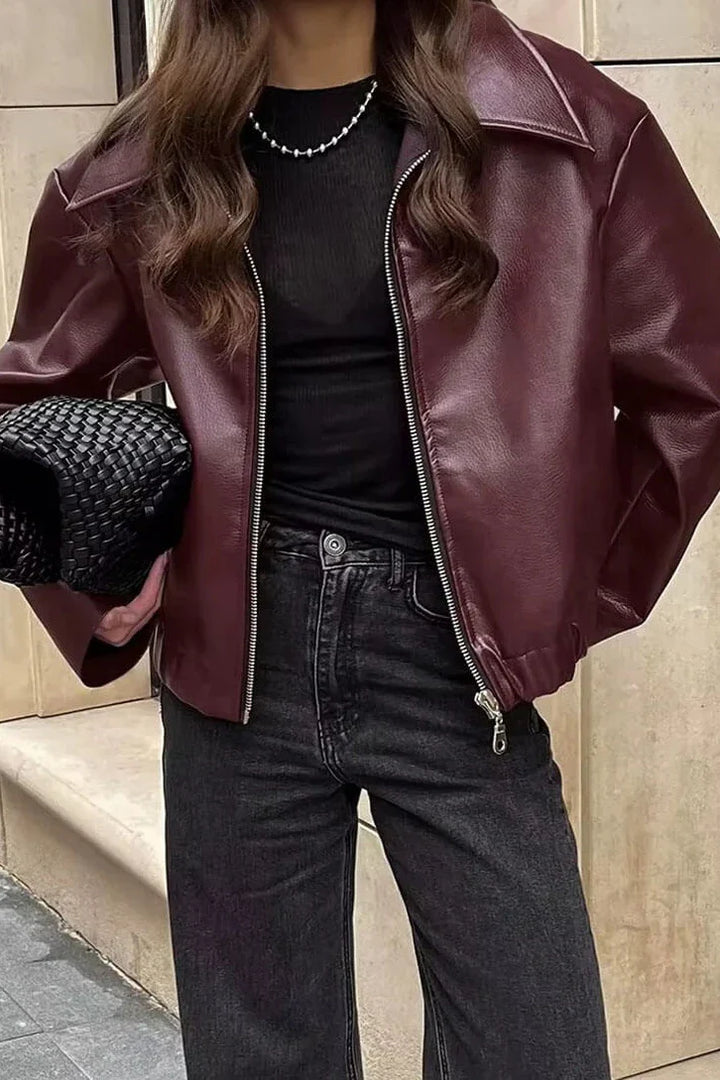 Cordelia | Chic Burgundy Leather Biker Jacket With Zip Front