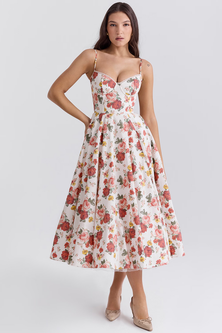 Evy | Elegant Light Blue Corset Midi Dress With Sweetheart Neckline