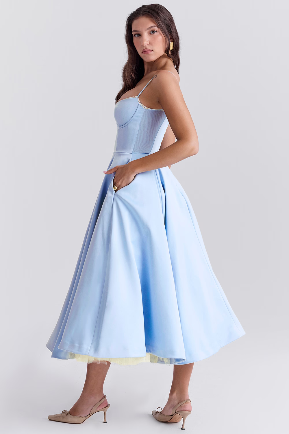 Evy | Elegant Light Blue Corset Midi Dress With Sweetheart Neckline