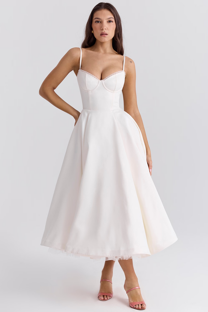 Evy | Elegant Light Blue Corset Midi Dress With Sweetheart Neckline