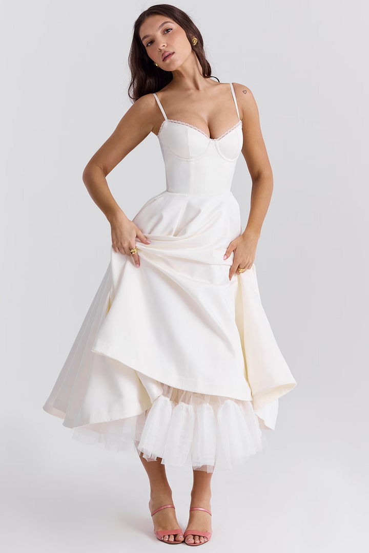 Evy | Elegant Light Blue Corset Midi Dress With Sweetheart Neckline