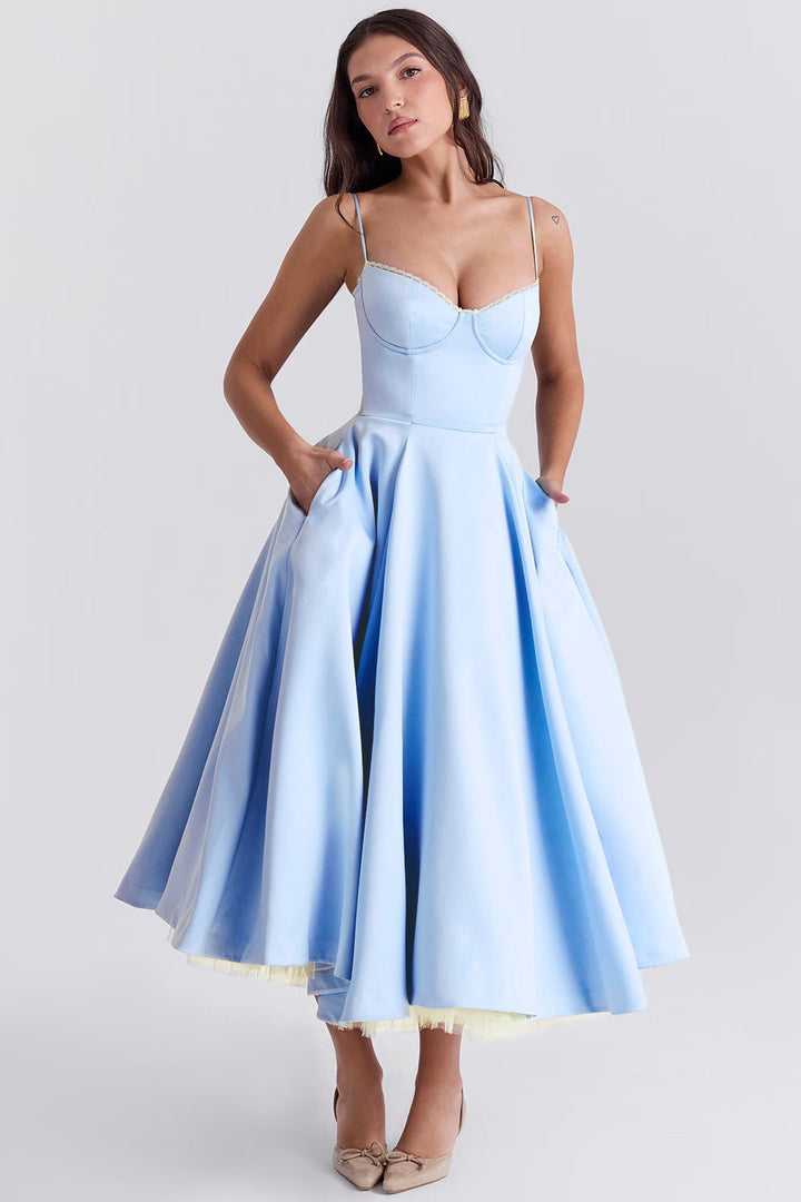 Evy | Elegant Light Blue Corset Midi Dress With Sweetheart Neckline