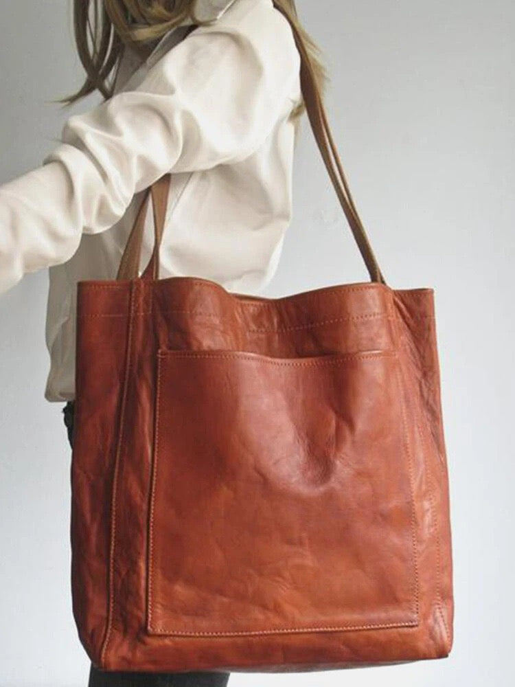 Evelyn | Elegant Brown Vegan Leather Tote Bag With Shoulder Straps