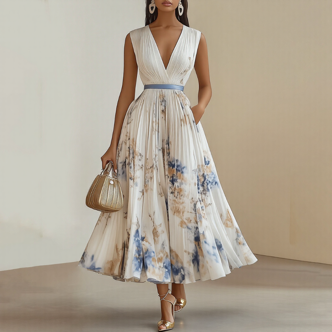 Bellamy | Elegant V-Neck Pleated Floral Maxi Dress