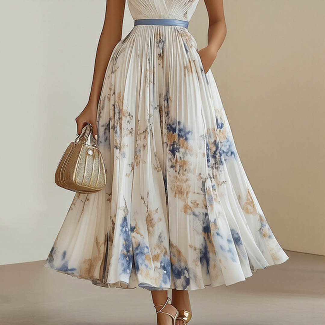 Bellamy | Elegant V-Neck Pleated Floral Maxi Dress