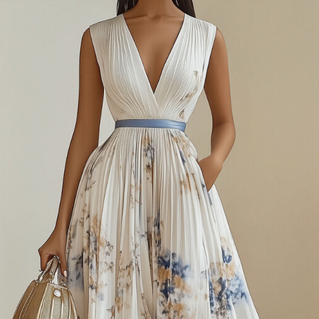 Bellamy | Elegant V-Neck Pleated Floral Maxi Dress