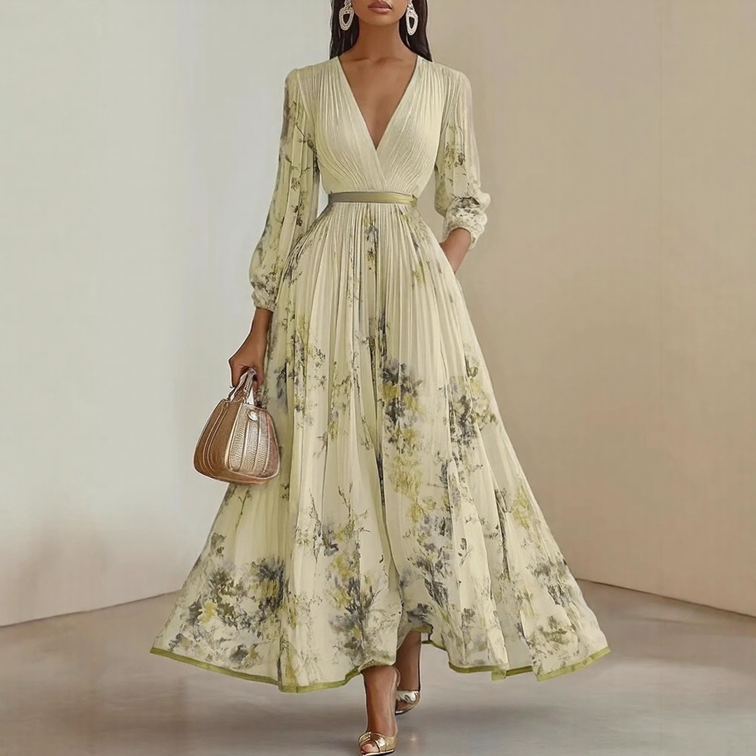 Bellamy | Elegant V-Neck Pleated Floral Maxi Dress
