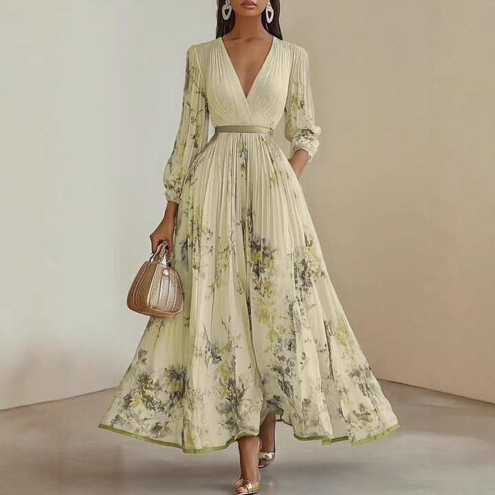 Bellamy | Elegant V-Neck Pleated Floral Maxi Dress
