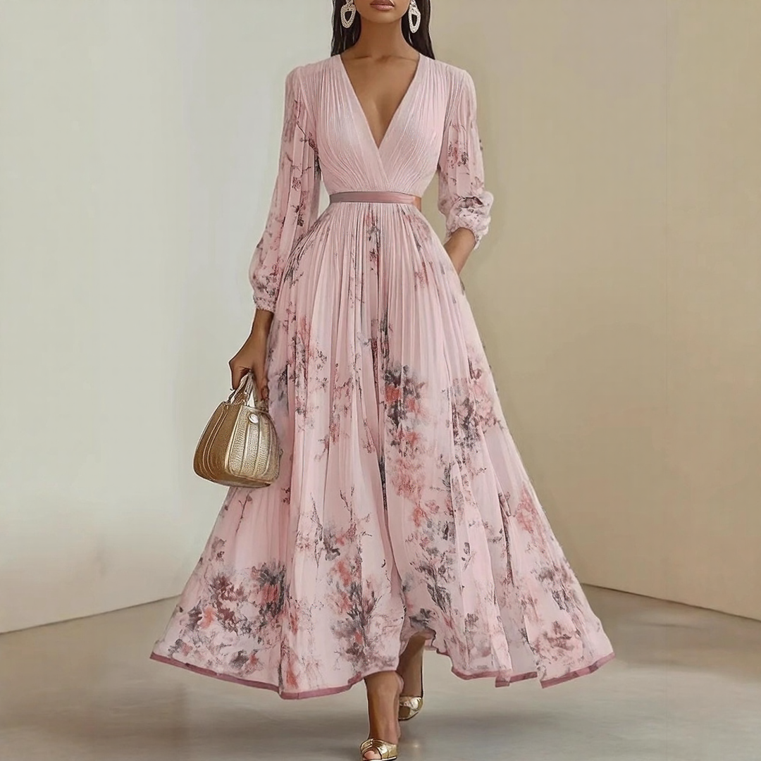 Bellamy | Elegant V-Neck Pleated Floral Maxi Dress