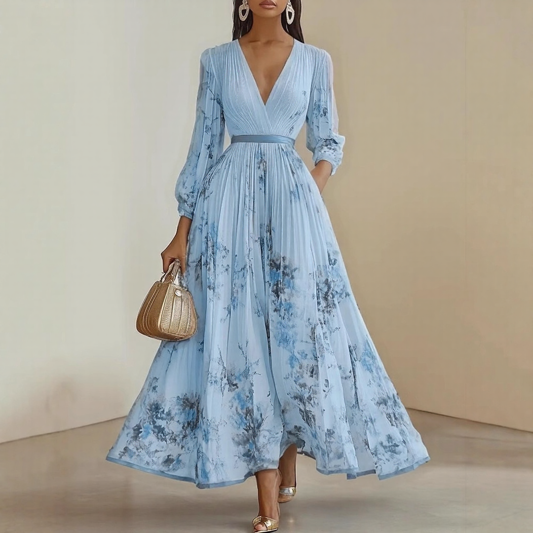 Bellamy | Elegant V-Neck Pleated Floral Maxi Dress