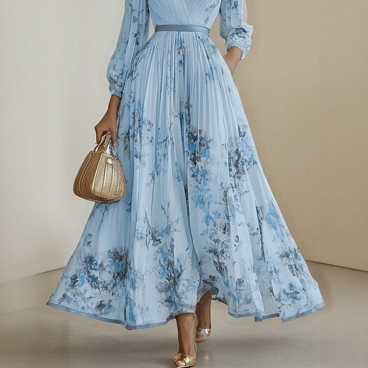 Bellamy | Elegant V-Neck Pleated Floral Maxi Dress