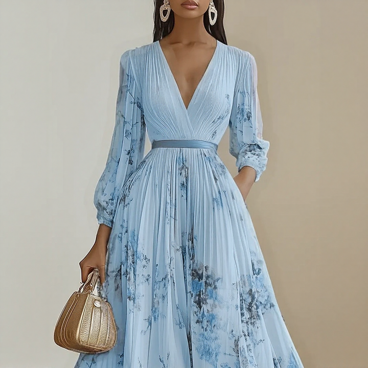 Bellamy | Elegant V-Neck Pleated Floral Maxi Dress