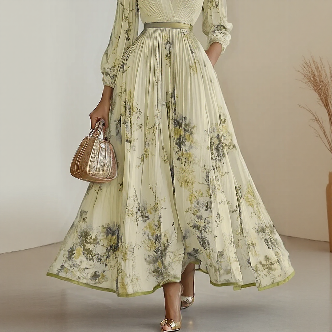Bellamy | Elegant V-Neck Pleated Floral Maxi Dress