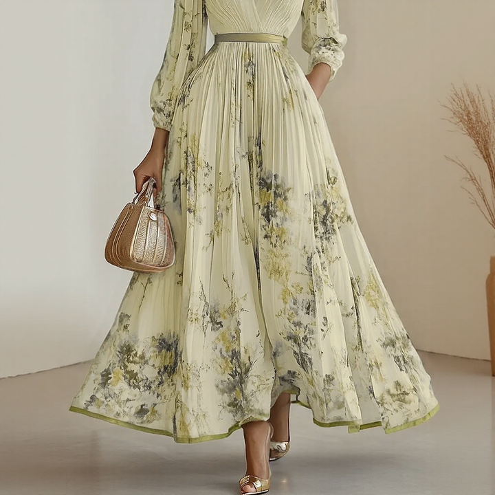 Bellamy | Elegant V-Neck Pleated Floral Maxi Dress