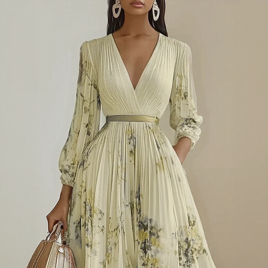 Bellamy | Elegant V-Neck Pleated Floral Maxi Dress