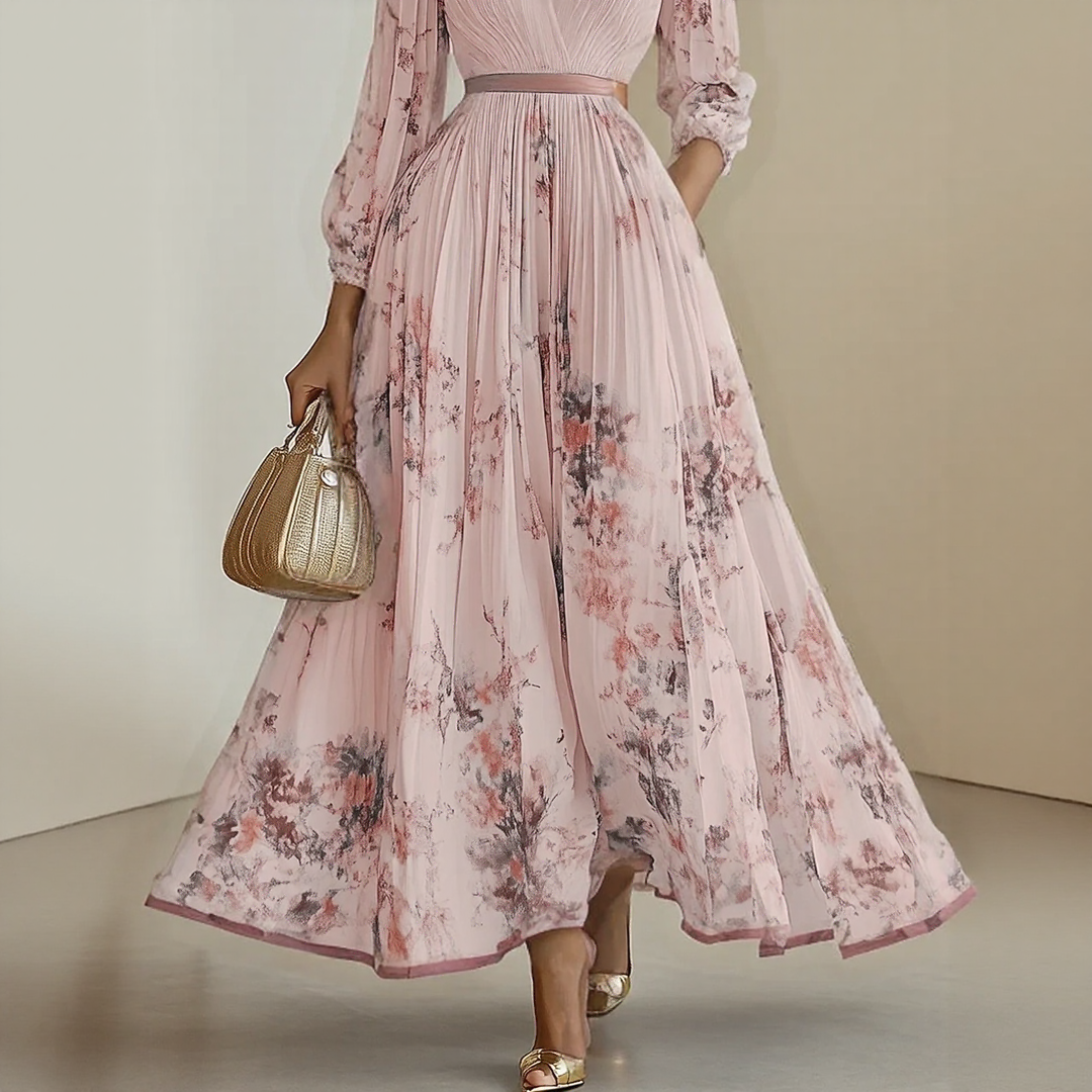 Bellamy | Elegant V-Neck Pleated Floral Maxi Dress