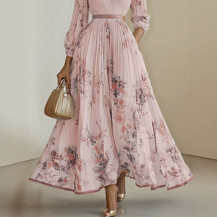 Bellamy | Elegant V-Neck Pleated Floral Maxi Dress
