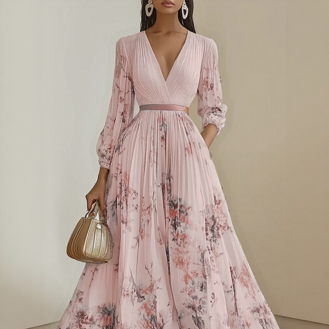 Bellamy | Elegant V-Neck Pleated Floral Maxi Dress