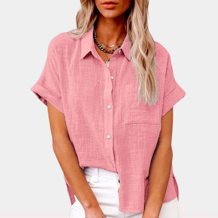 Tillie | Chic Cotton Linen Button Up Blouse With Short Sleeves