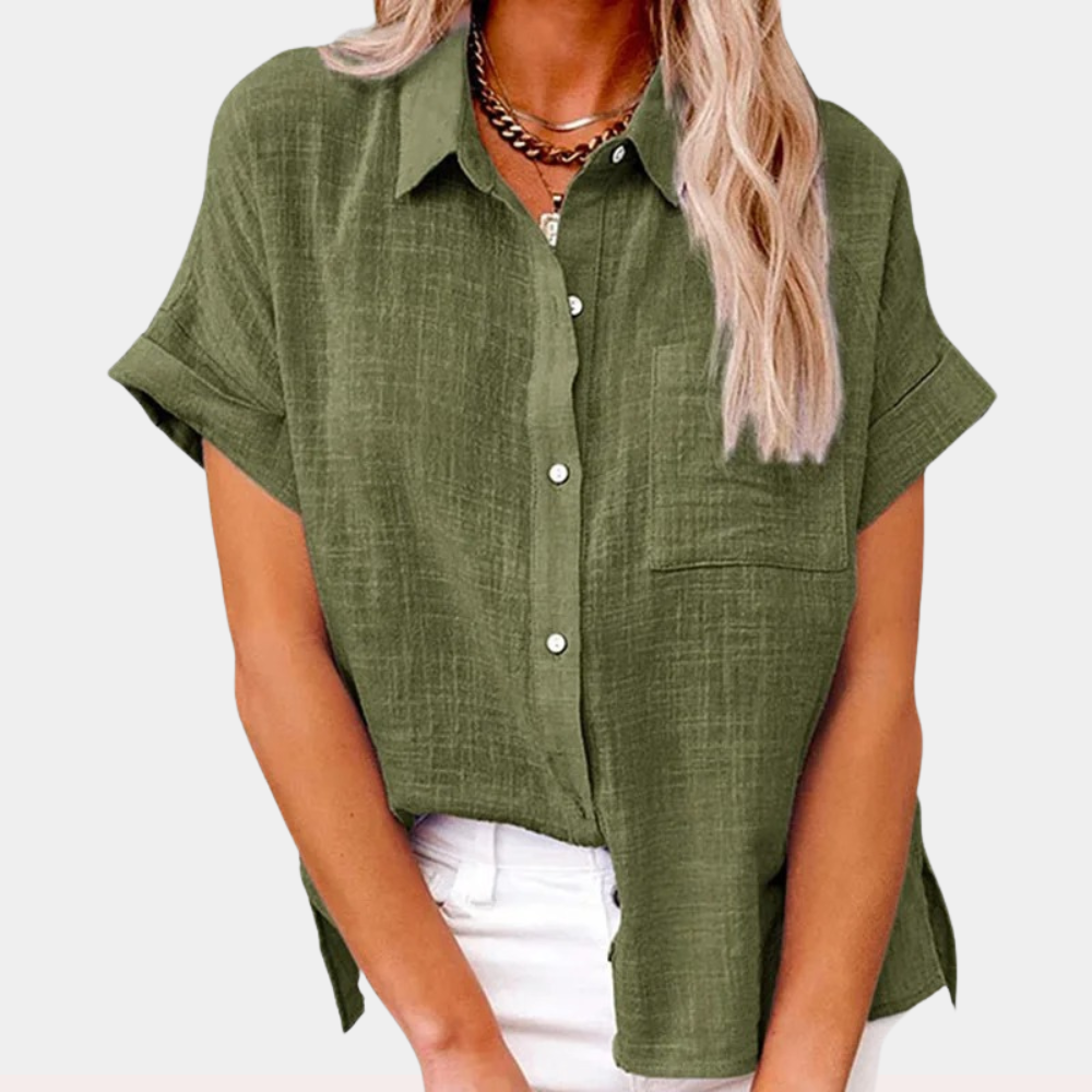 Tillie | Chic Cotton Linen Button Up Blouse With Short Sleeves