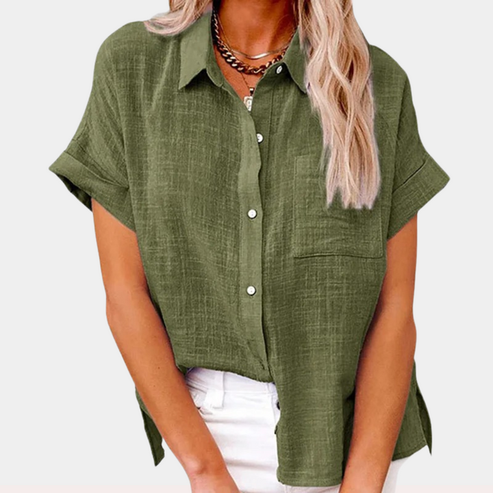 Tillie | Chic Cotton Linen Button Up Blouse With Short Sleeves