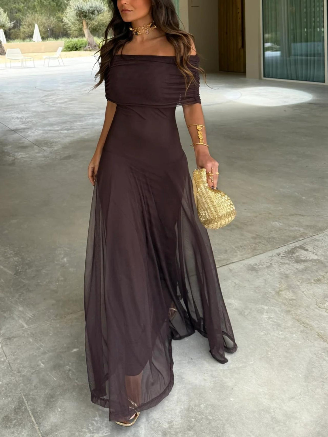 Sybil | Elegant Off-Shoulder Chiffon Maxi Dress