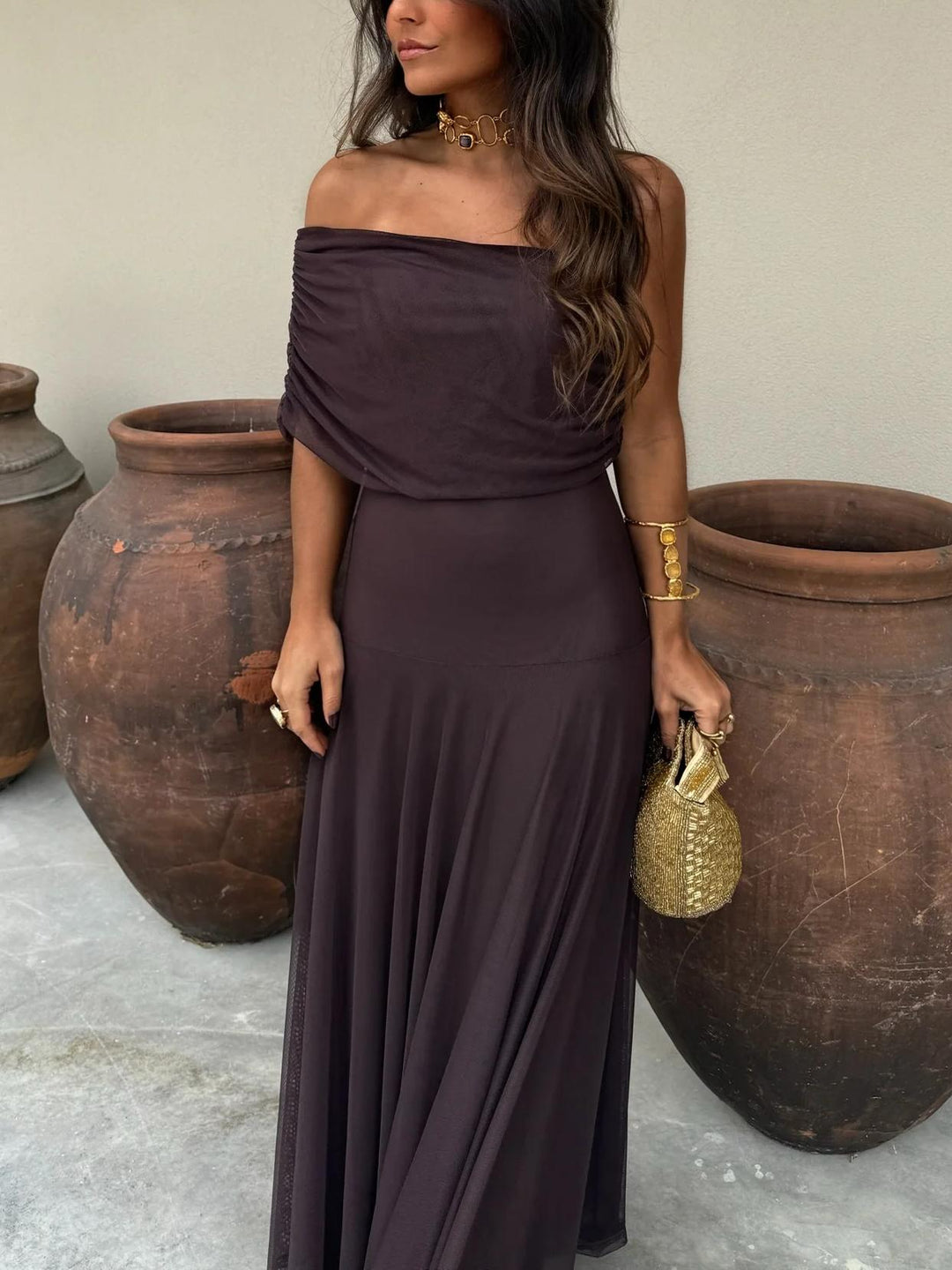 Sybil | Elegant Off-Shoulder Chiffon Maxi Dress