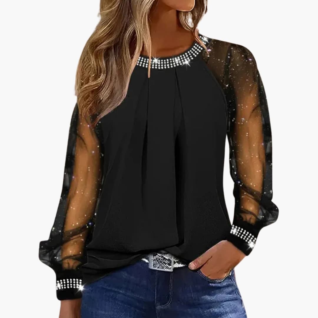 Tiana | Elegant Black Sequin Sleeve Top With Rhinestone Collar