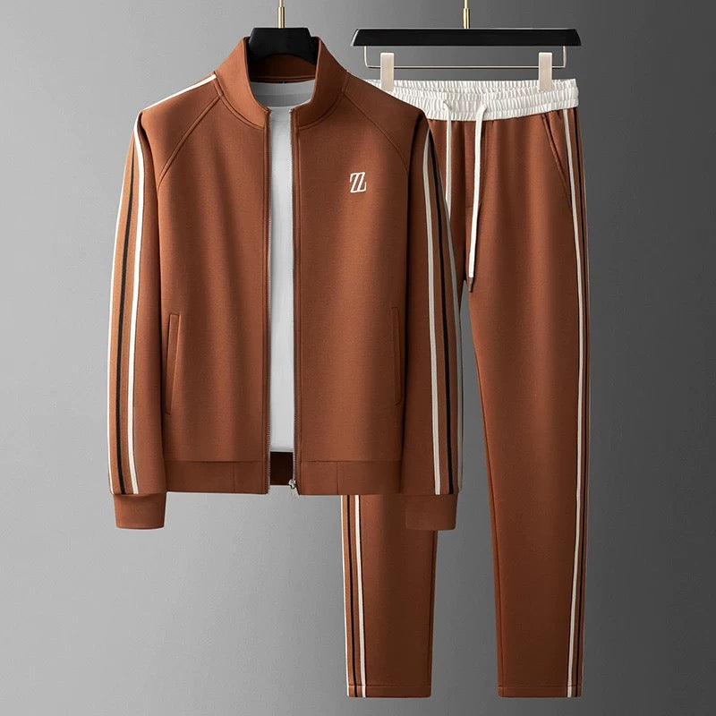 Evie | Sleek Men's Brown Tracksuit With White Side Stripes