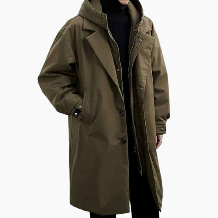 Marcus | Stylish Men's Olive Trench Coat With Lapel Collar