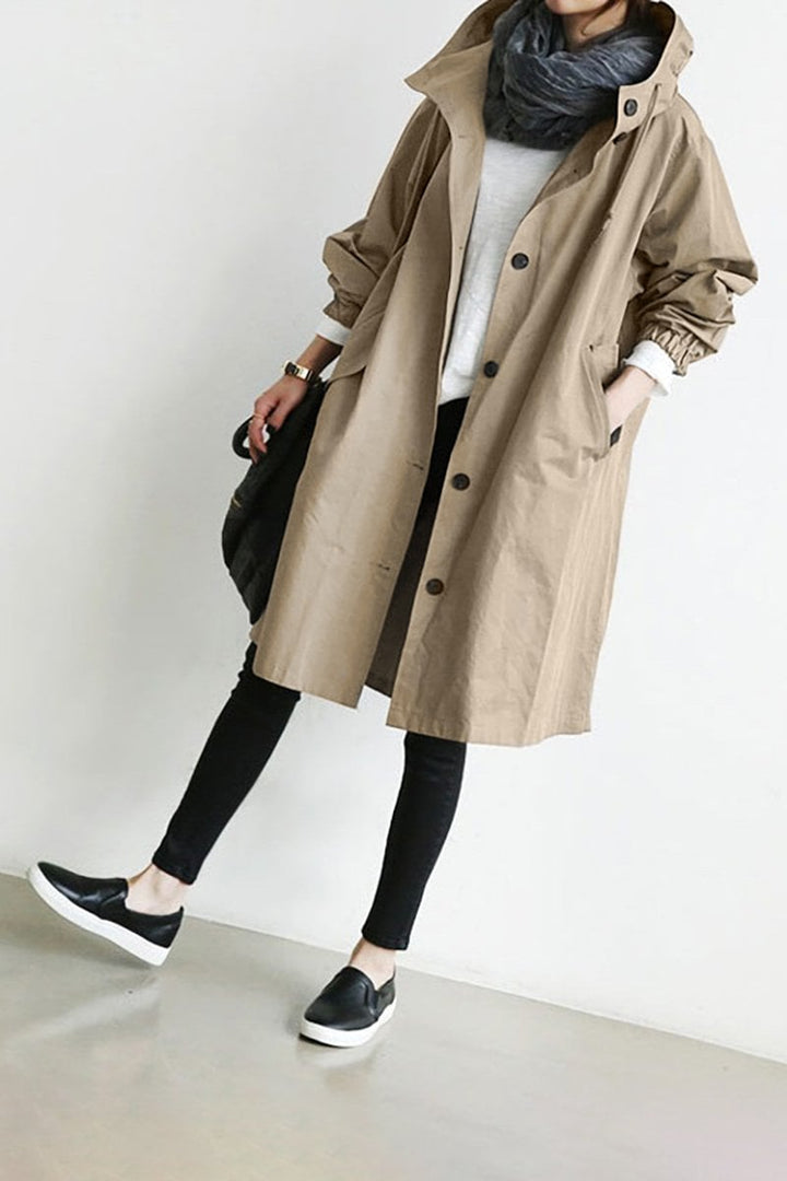 Evy | Stylish Hooded Long Trench Coat With Button Front