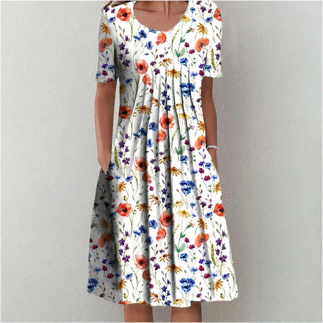 Brielle | Elegant Floral Print A-Line Midi Dress With Short Sleeves