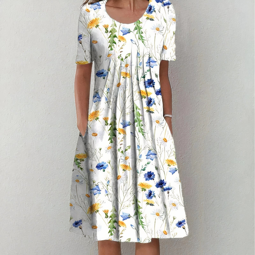 Brielle | Elegant Floral Print A-Line Midi Dress With Short Sleeves