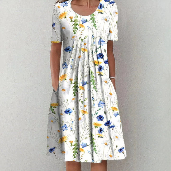 Brielle | Elegant Floral Print A-Line Midi Dress With Short Sleeves