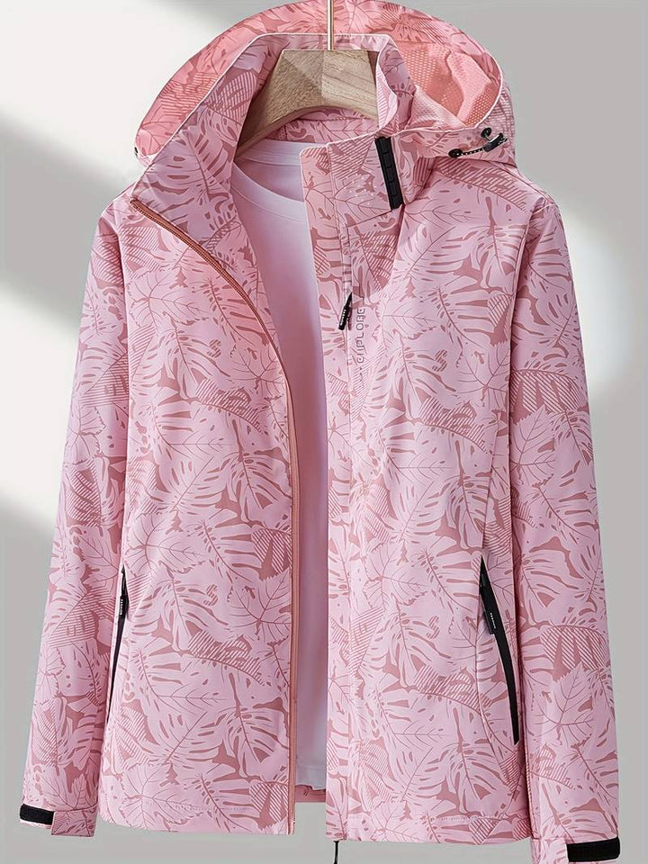 Evy | Stylish Red Leaf Print Windproof Hooded Jacket