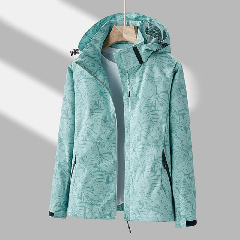 Evy | Stylish Red Leaf Print Windproof Hooded Jacket