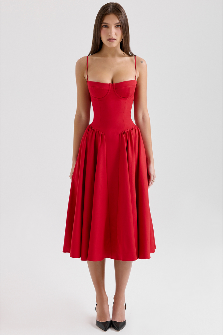 Margot | Elegant Navy Bustier Midi Dress With Fit And Flare Silhouette