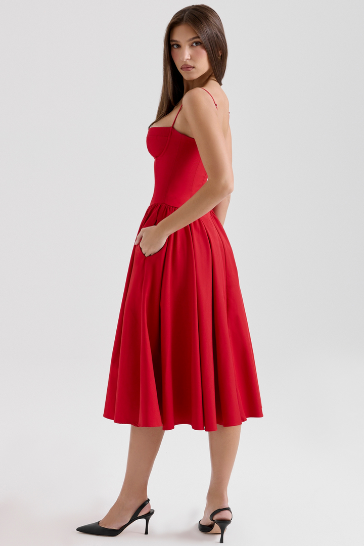 Margot | Elegant Navy Bustier Midi Dress With Fit And Flare Silhouette