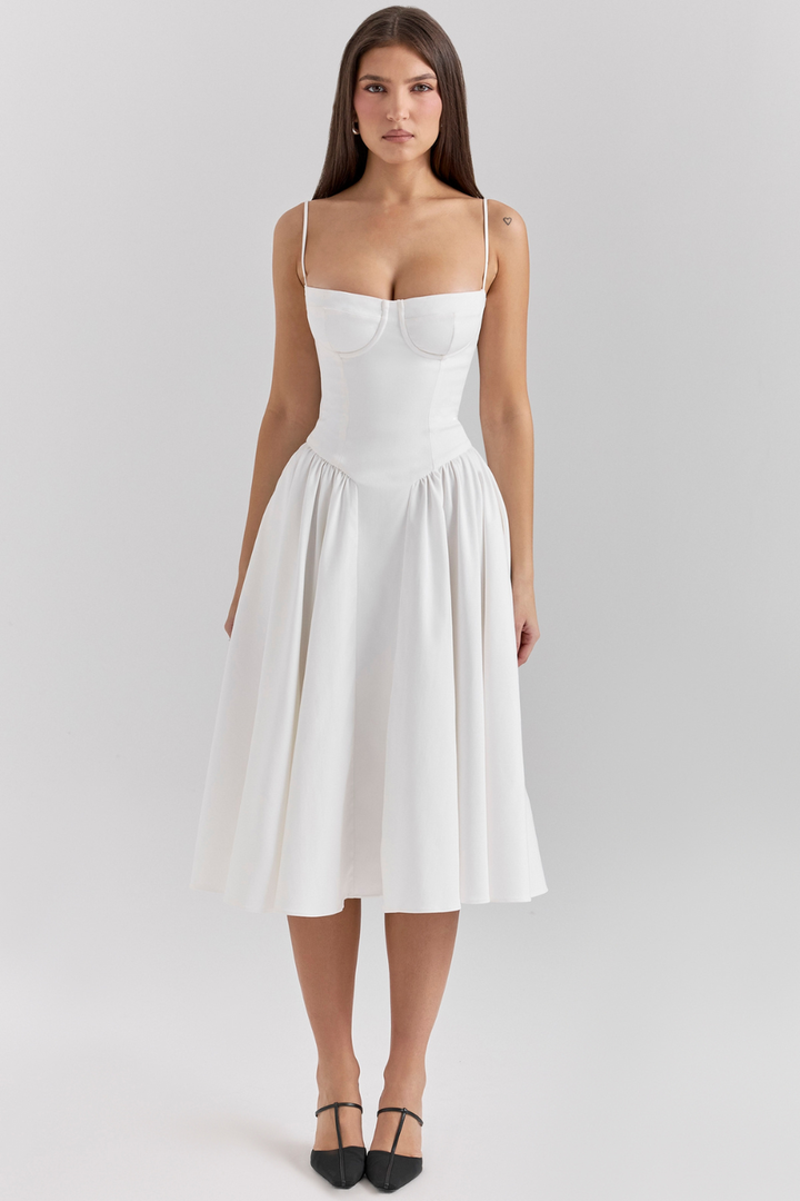 Margot | Elegant Navy Bustier Midi Dress With Fit And Flare Silhouette