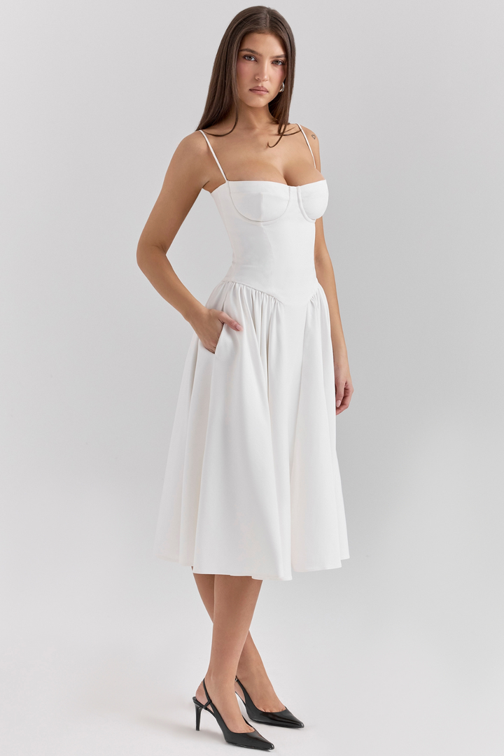 Margot | Elegant Navy Bustier Midi Dress With Fit And Flare Silhouette