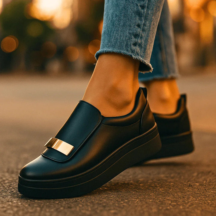 Leah | Elegant White Platform Loafers With Gold Accent Detail
