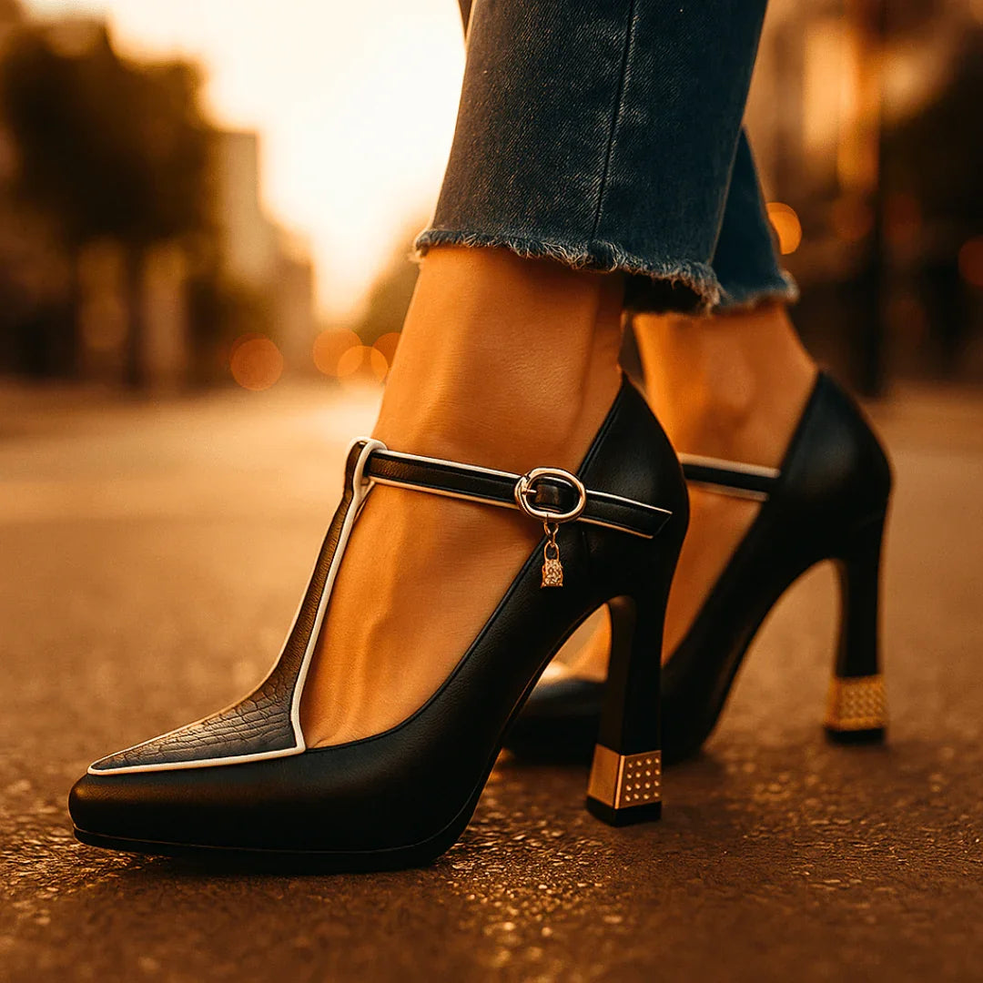 Ruby | Elegant Black T-Strap Block Heels With Gold Accents